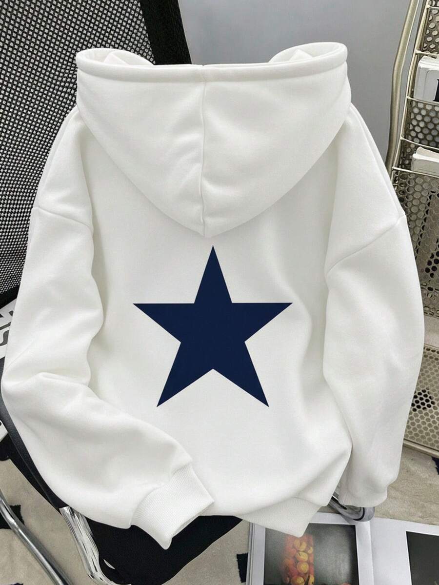 Sudadera con capucha para mujer estilo americano sencillo estampado de estrella, poliéster, corte holgado, gris, manga larga, otoño invierno, ideal para uso diario y streetwear - Blanco - Ver 1