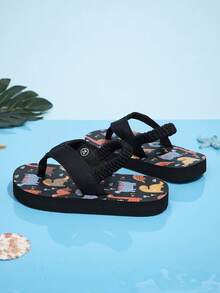 Chanclas para niños pequeños con correa elástica, diseño de dinosaurio de dibujos animados, suaves y gruesas, cómodas y antideslizantes para interiores/exteriores