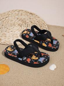 Chanclas para niños pequeños con correa elástica, diseño de dinosaurio de dibujos animados, suaves y gruesas, cómodas y antideslizantes para interiores/exteriores