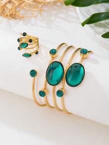 1 Set Minimalist Fashion Multi-Layer Line Rhinestone Bracelet & Ring Jewelry Set, Gift For Women On Valentine's Day