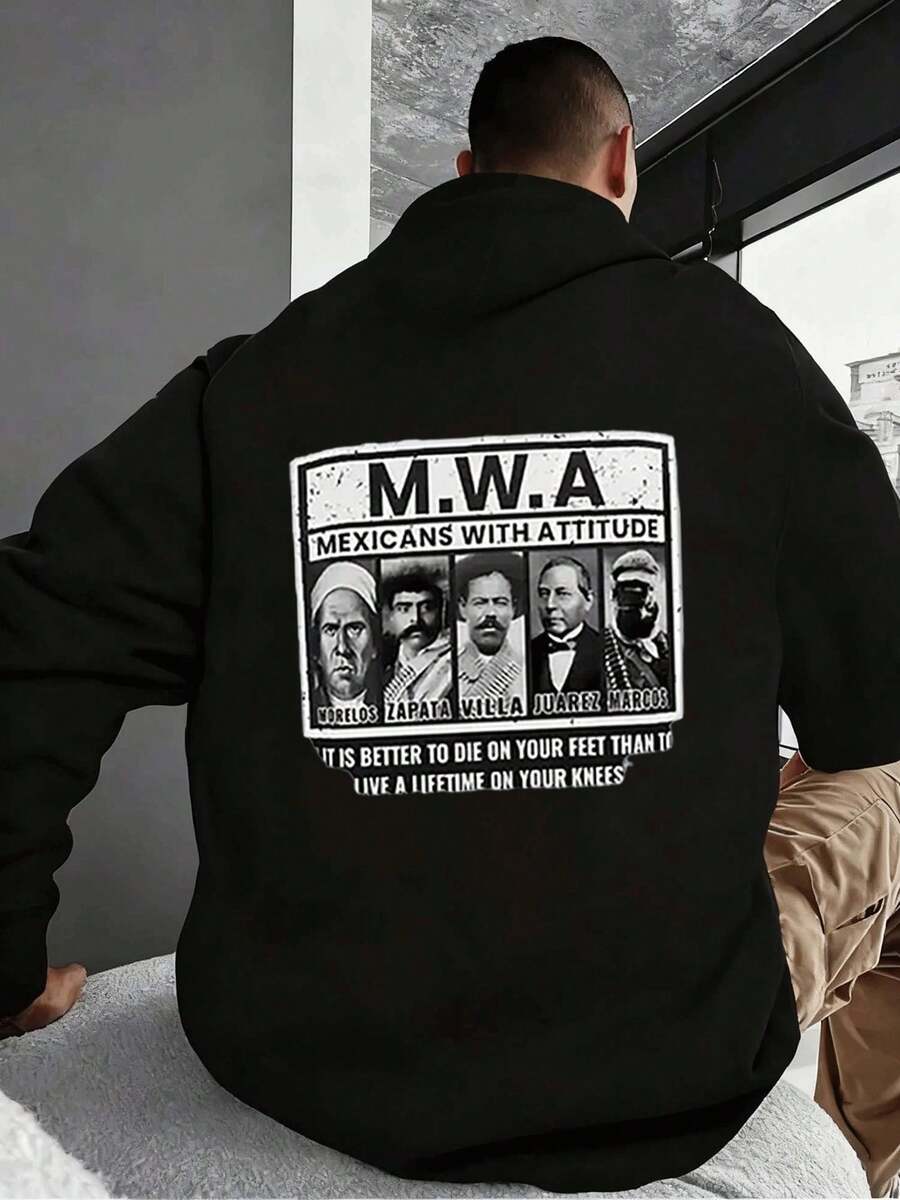 1 Sudadera de Tienda Local para Hombre con Capucha Gruesa y Estampado de Morelos, Zapata, Juárez y Marcos, Estampado de Patrón Blanco y Negro de 260G, Impresión de Alta Calidad, Corte Holgado Básico, Adecuada para Hombres y Mujeres, Versátil, Lavable a Máquina, Mantiene el Cálido, Cómoda, Tallas S a XL, Ropa Deportiva Casual Diaria, Esencial para Otoño e Invierno. - Negro - Ver 1