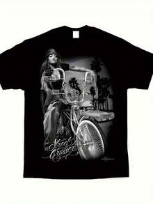 Chicano Street Art Graphic T-Shirt For Men - DGA D Gonzales Lowrider Bike & Palm Tree Art, Casual Regular Fit Heavyweight 230G T-Shirt For Adults, All-Season Clothing, Comfortable Top, High-Quality Print, Printed Top, Urban Style - 黑色 - 查看 1