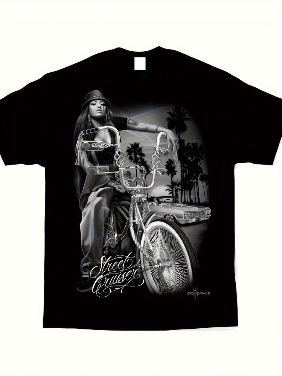 Chicano Street Art Graphic T-Shirt For Men - DGA D Gonzales Lowrider Bike & Palm Tree Art, Casual Regular Fit Heavyweight 230G T-Shirt For Adults, All-Season Clothing, Comfortable Top, High-Quality Print, Printed Top, Urban Style - 黑色 - 查看 1