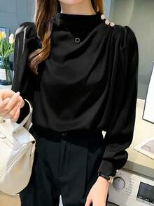 女士休闲通勤衬衫，立领，褶裥设计，公主袖，适合春秋季穿着，黑色 - 黑色 - 查看 3