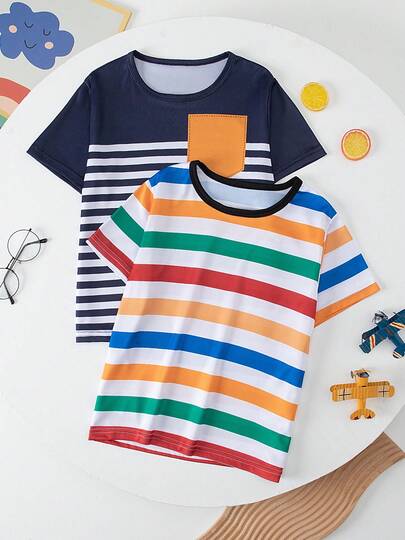 2pcs/Set Tween Boys' Short Sleeve T-Shirts, Casual Patchwork Striped Tops, Lightweight Summer Wear For Boys & Girls