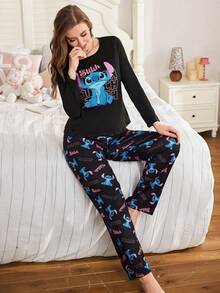 缝线图案印花长袖卡通字母睡衣套装，黑色