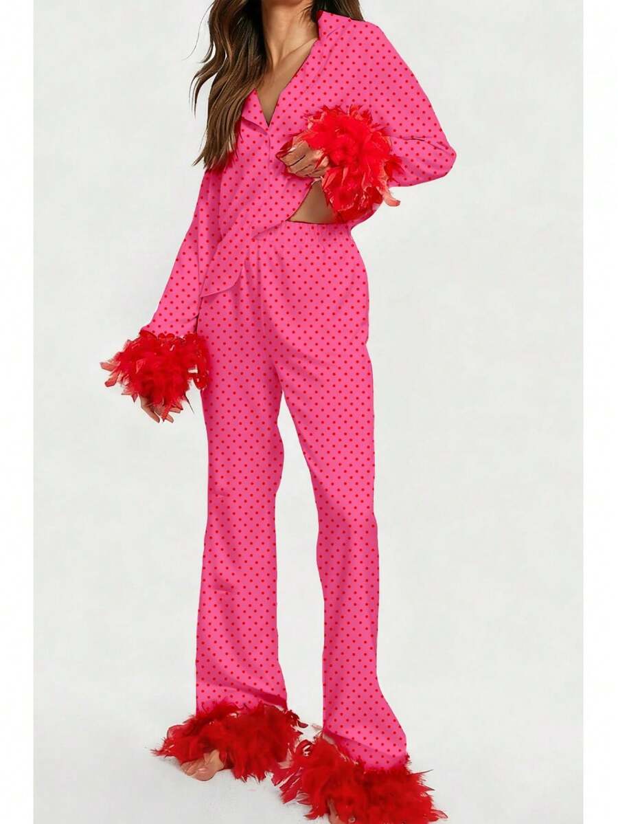 Women 2 Piece Lounge Set Heart Printed Long Sleeve Button Down Shirt And Pants Feather Trim Pajamas Sleepwear Set Women Feather Pajamas Silk Satin Lounge Sets Long Sleeve Button Down Shirts And Pants 2 Piece Pj Set - 紫紅色波點 - 查看 1