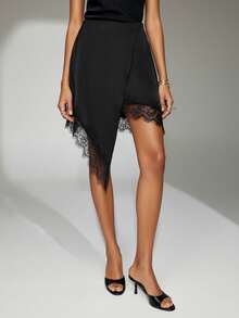 Women's Black Asymmetrical Skirt With Lace Hem, Elegant Romantic Figure-Hugging Asymmetrical High Slit, Elastic Waistband A-Line Skirt - Black - View 1