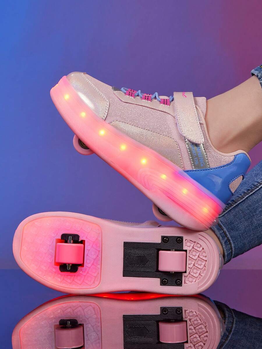 Giày trượt patin đèn LED nhiều màu, thiết kế bánh xe đôi 2 trong 1 có móc và vòng, thích hợp cho trượt patin, trượt ván, đi học, sạc USB, giày thể thao thường ngày cho bé trai và bé gái - Hồng - Xem 1