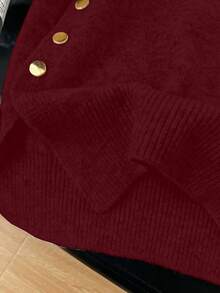 1件女士休闲纯色圆领无袖背心，侧边金属纽扣装饰 - 酒紅色 - 查看 5
