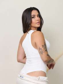 Bodysuit With Sleeveless Design, Buckle With Padding, Sensual, Simple, Casual, Elegant, Asymmetrical, Summer Style. - White - View 2
