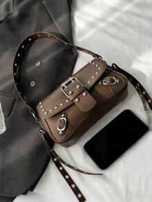 Borsa a tracolla retrò alla moda Y2K da donna con borchie, borsa sotto braccio, borsa a mezzaluna, borsa da motociclista con cintura stringata, colore unito, borsa a tracolla casual adatta per lo shopping, il portafoglio, lo shopping, le giovani donne, gli studenti universitari, i principianti e i lavoratori d'ufficio. Sono molto adatte per l'ufficio, l'università, il lavoro, gli affari, gli spostamenti, l'aperto, i viaggi e le uscite - Caffè - Visualizzare 9