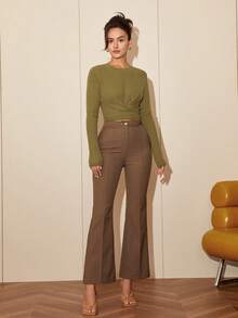Women's Crew Neck Long Sleeve Ruched Fitted Elegant Charming Sweater - Olive Green - View 4
