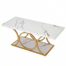 LITTLE TREE Modern Rectangle Coffee Table With Faux Marble Top, 2-Tier Storage Shelf & Geometric Gold Legs, 47 Inch Living Room Centre Table, Rustic Brown Wood Finish, Easy Assembly​ - White - View 11