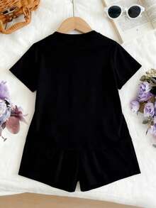 2pcs/Set Teenage Girls' Heart Print Short Sleeve T-Shirt And Shorts Set, Casual Loose Fit, Suitable For Vacation And Shopping Outings, Summer - Black - View 4