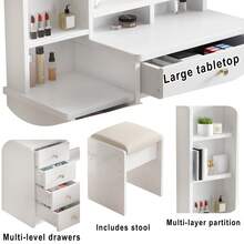 Makeup Vanity, Vanity Desk With Mirror And Lights, Makeup Vanity Set 5 Drawers, Stool And Open Shelves,Vanity Mirror 3 Color Lighting Modes Adjustable, White - Xem 4