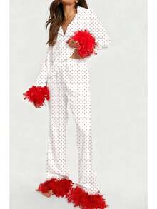 Women 2 Piece Lounge Set Heart Printed Long Sleeve Button Down Shirt And Pants Feather Trim Pajamas Sleepwear Set Women Feather Pajamas Silk Satin Lounge Sets Long Sleeve Button Down Shirts And Pants 2 Piece Pj Set - 白色 - 查看 1