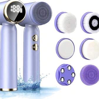 Set recargable de 6 en 1 de cepillo facial eléctrico LED, limpiador y exfoliante facial portátil a prueba de agua de color blanco, adecuado para piel grasa, seca y sensible para mujeres y hombres