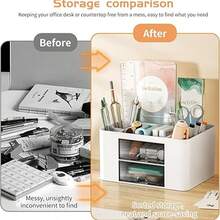 Desk Pen Holder, 2-Drawer Office Desk Organizer Box, 5-Compartment Desktop Storage Pouch For Stationery, Suitable For Office, School, And Home, Cute Pencil Cup (White) - 白色 - 查看 7