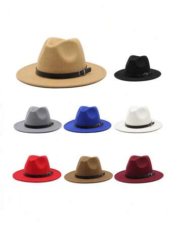1 pieza Sombrero Fedora de Panamá de unicolor con correa de cuero vintage para mujer, adecuado para salidas, reuniones, fiestas, otoño/invierno