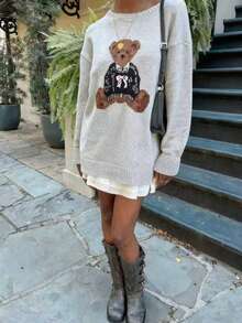 2026 خريف/شتاء جديد موضة نسائية كاجوال فينتاج جميلة بنمط الدب المحبوك بالكنزة، مناسبة لعيد الحب، ليلة المواعدة، الحفلات، أسلوب Y2K، متواضع، أنيق، كاجوال، رأس السنة الجديدة - رمادي فاتح - مشاهدة 3