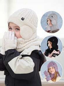 Set de 3 piezas para niños de invierno que incluye gorro, orejeras y bufanda, sombrero de punto para niños y niñas para uso en exteriores - Gorro + bufanda + guantes - Ver 2