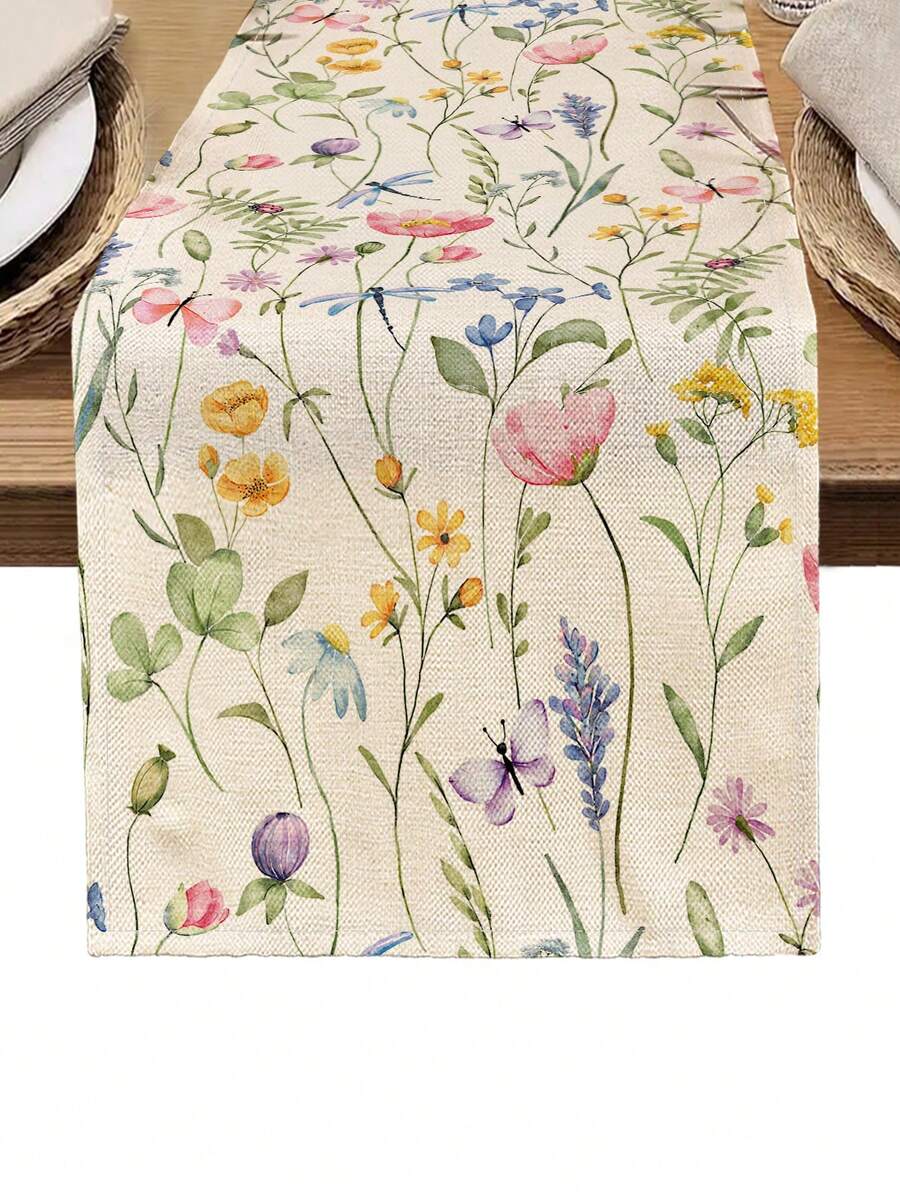 1pc Floral Pattern Printed Table Runner, 4pcs Spring Floral Printed Placemats, Suitable For Holidays, Parties, Birthdays, Dinners, Kitchen & Dining Room Table Decor, All Season Home & Living Decor - Multicolor - View 1