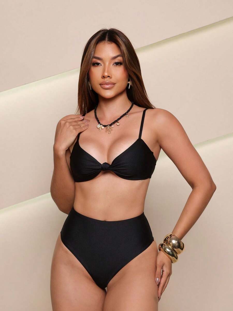 Trilobal Sport Bikini Set With Knotted Top And Hot Pant – Comfort And Style For Summer - Black - View 1