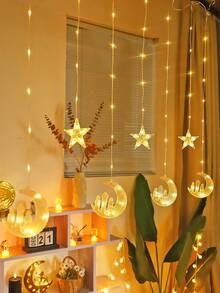1.7m/82LED Star & Moon String Lights, Battery Powered With Flashing Lighting Function, Suitable For Indoor Window, Bedroom Wall, Home Decor - Moon Castle - View 5