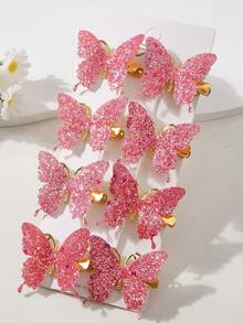 10 piezas/paquete Clips para el cabello de mariposa con lentejuelas fucsia y base dorada para niñas, clips para el flequillo lateral, accesorios para el cabello para uso diario - Rosa Fucsia - Ver 5