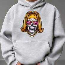 2026 New Men's Hoodie, Gray Hoodie With Skull Print, Golden Hair, Pink Glasses And Chain For Daily Wear, Parties And Autumn/Winter Season, Comfortable And Versatile Everyday Outfits - 灰色 - 查看 1