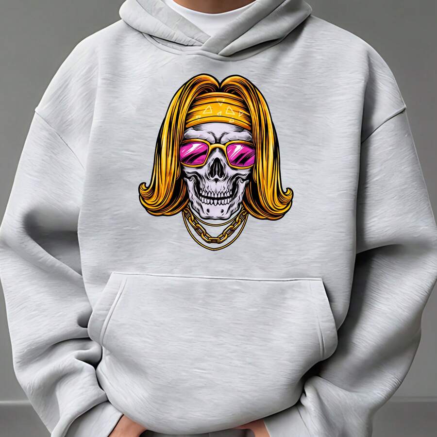 2026 New Men's Hoodie, Gray Hoodie With Skull Print, Golden Hair, Pink Glasses And Chain For Daily Wear, Parties And Autumn/Winter Season, Comfortable And Versatile Everyday Outfits - 灰色 - 查看 1