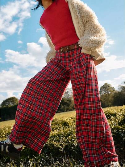 Women Y2k Vintage Tartan Plaid Baggy Wide Leg Pants Mid Rise With Pockets Fall Holiday Casual Trousers