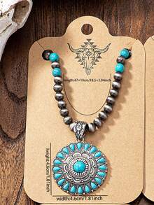 Western Necklace Jewelry Blue Turquoise Stone Necklaces For Women Faux Pearl Beaded Necklace Jewellery , Women Gift Cowgirl Style Holiday Jewelry Presents - Western-style Beaded Turquoise Pendant Necklace - View 3