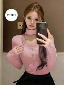 French Elegant Black Lace Long Sleeve T-Shirt, High-End Layering Top For Women, Spring - Pink - View 5