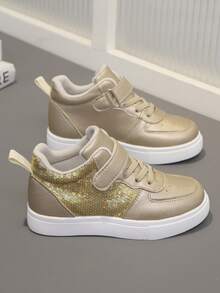 Girls' Mid-Top Casual Sports Shoes, Fashionable Solid Gold Glitter Sequin Small White Sneakers, Outdoor Street Walking Running Shoes, Comfortable Lightweight Breathable Student Versatile Soft Bottom Flat Shoes