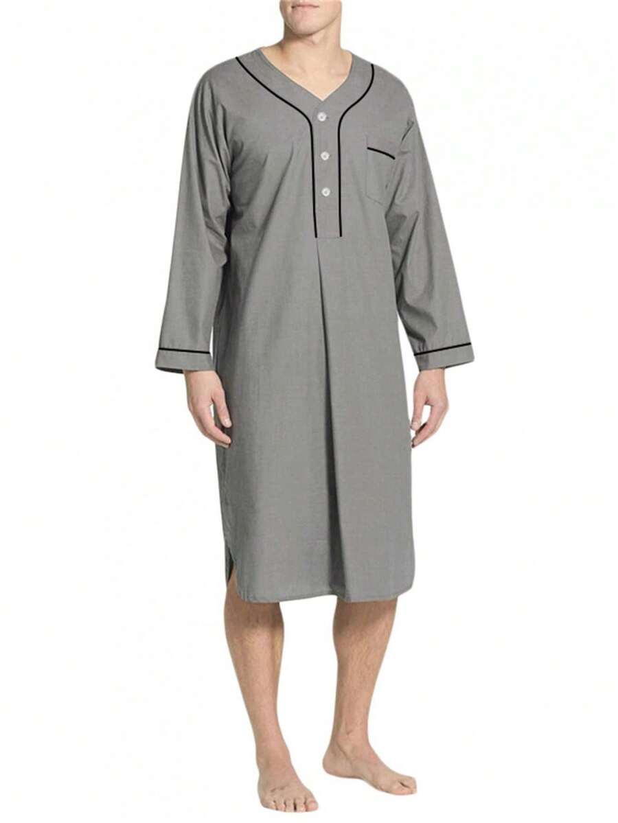 Men Nightgown Solid Color Loose Saudi Arab Long Sleeves Nightshirt ...