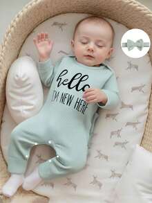 Newborn Baby Girls Rompers Knit Round Neck Long Sleeve Infant Fall Jumpsuits With Headband Coming Home Outfit - 綠色 - 查看 3