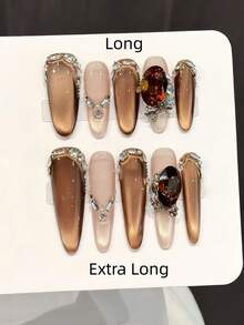 10pcs Handmade Nails Oval Nails Press On Nails Long Extra Long, Gentle Brown Nails, Maillard Color Flashy Cateye, Nail Gems 3D Large Bow Diamond Stone Pearl Inlaid, Luxury Elegant Handcrafted Autumn Nails, Fall Press On Nails, Y2K Style Festival Nail Party Daily & Dating Use Beach Tropical Getaway Suitable,DIY False Nail Art Suitable For Women & Girls As Gift Nail Supplies - Multicolor - View 1