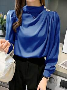 女士休闲轻便通勤衬衫，褶领和灯笼袖，春秋季 - 寶藍色 - 查看 3