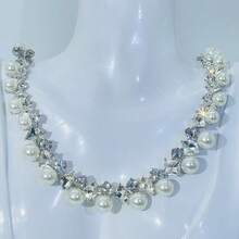 1 Set de accesorios para banquete nupcial, juego de joyería de lujo con brillantes de moda - Collar, Aretes, 3 piezas - Blanco - Ver 3