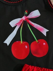 4-7 Years Old Girls 2pcs Set, Round Neck Contrast Wave Design Cherry Print Tank Top Paired With Pleated Skirt Outfit, Suitable For Daily Wear, School, Playtime, And Family Outings - Red - View 10