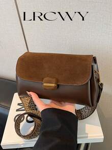 Women's Square Bag, Fashionable Minimalist Elegant Suede With PU Leather Flap Crossbody Bag - Coffee - View 2