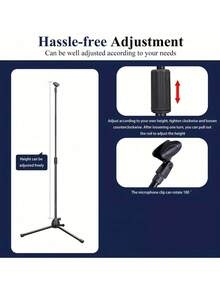 70‑150cm Adjustable Microphone Tripod Stand, Foldable Floor Mic Holder With 180° Rotatable Clip, Lightweight Metal Stand For Live Stream Karaoke Home Use, Note: Not For Heavy Professional Microphones - Black - View 8
