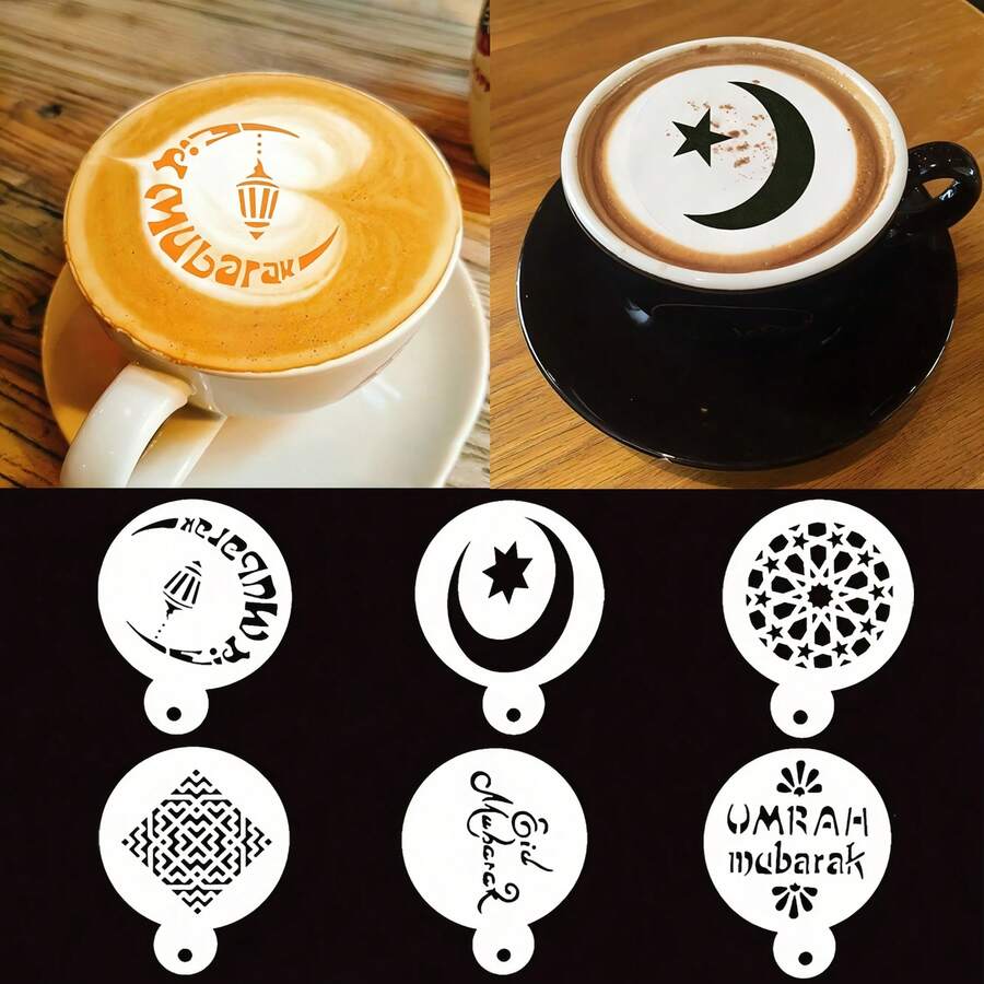 6件/12件装斋月开斋节咖啡喷雾装饰模具，适用于斋月开斋节派对DIY家居厨房咖啡烘焙模板