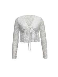 Women's V-Neck Tie Front Long Sleeve Cutout Blouse - White - View 7