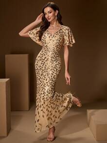 Elegant Women V-Neck Short Sleeve Midi Dress, Suitable For Formal Events, Galas, And Semi-Formal Occasions, Mermaid Hem High-Stretch Woven Fabric, Formal Evening Gown - 金色 - 查看 5