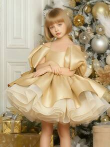 Girls' Elegant Bowknot Off Shoulder Sleeveless Gold Formal Dress, Princess Dress For Birthday Party, Prom, Gathering, Christmas - 金色 - 查看 1
