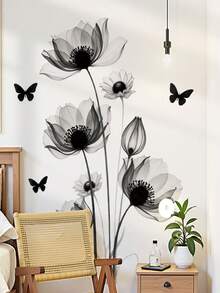 大号黑色莲花玫瑰花墙贴，可移除，简约花卉金色叶子艺术墙贴，即撕即贴壁画，蓝色花朵墙贴，适用于客厅、卧室、门口、过道、沙发、电视背景墙、厨房橱柜墙面、家居装饰 - 彩色 - 查看 6