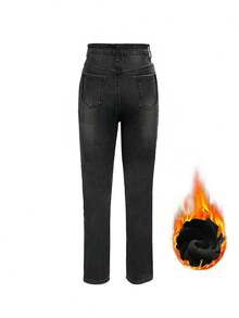 女士保暖内衬修身水洗牛仔裤，适合冬季休闲穿着 - 深灰色 - 查看 8